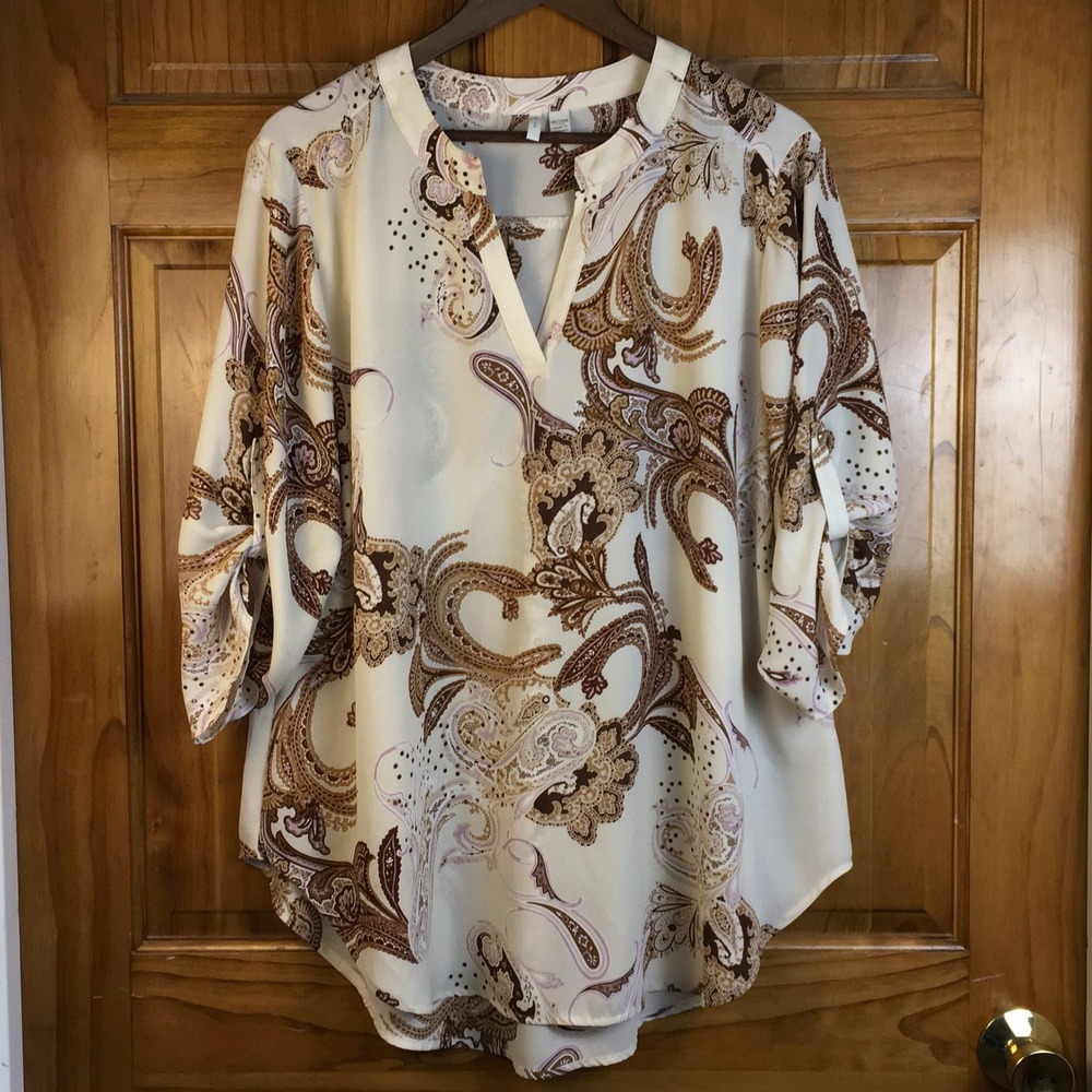 Est 1946 Women 18/20 Paisley Print Boho Roll Tab Sleeve Blouse Brown Lavender